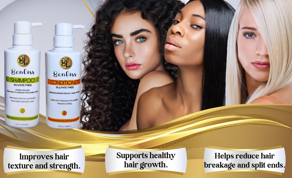 Benliss Shampoo and Conditioner Set With Argan and Macadamia Oil- Sulfate Free - For Straight, Curly, Frizzy, Dry - Hair Repair for Damaged Hair Beauty & Personal Care Benliss