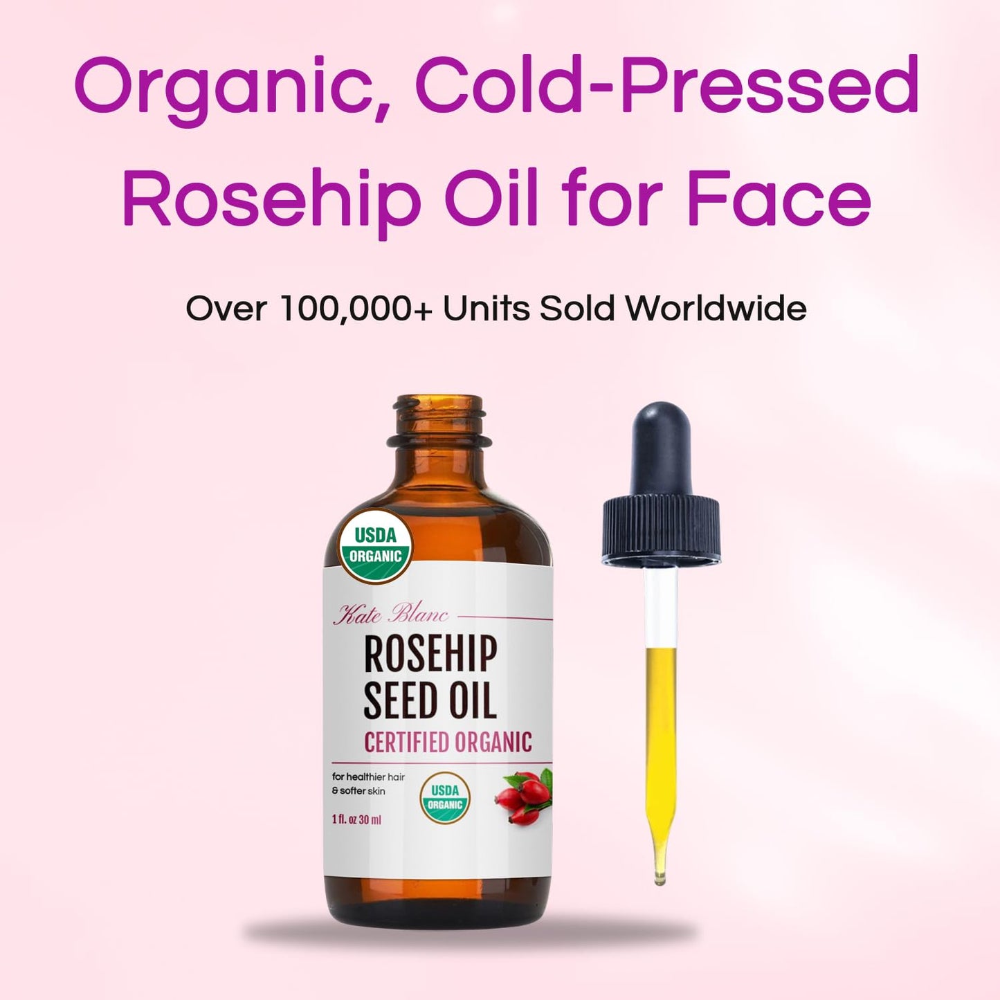 Kate Blanc Cosmetics Rosehip Seed Oil for Face, 100% Pure Organic | Cold Pressed Unrefined Rose Hip Facial Oil for Skin, Hair & Gua Sha Massage (1oz) Beauty and Personal Care Kate Blanc Cosmetics