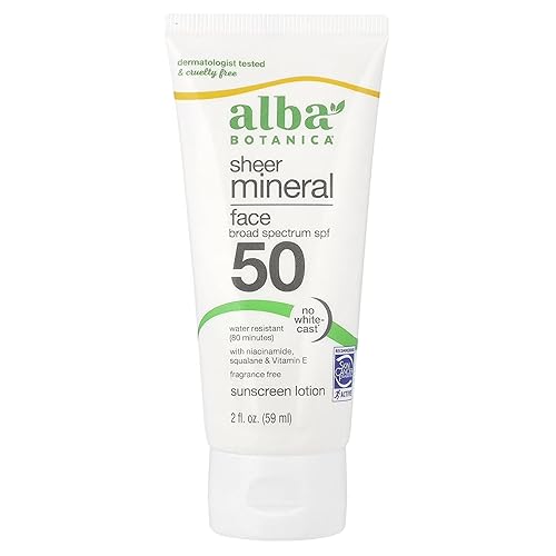 Alba Botanica Sunscreen for Face, Fragrance-Free Sheer Mineral Face Sunscreen Lotion, Broad Spectrum SPF 50, Water Resistant and Biodegradable, 2 fl. Beauty & Personal Care Alba Botanica