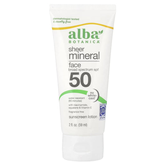 Alba Botanica Sunscreen for Face, Fragrance-Free Sheer Mineral Face Sunscreen Lotion, Broad Spectrum SPF 50, Water Resistant and Biodegradable, 2 fl. Beauty & Personal Care Alba Botanica