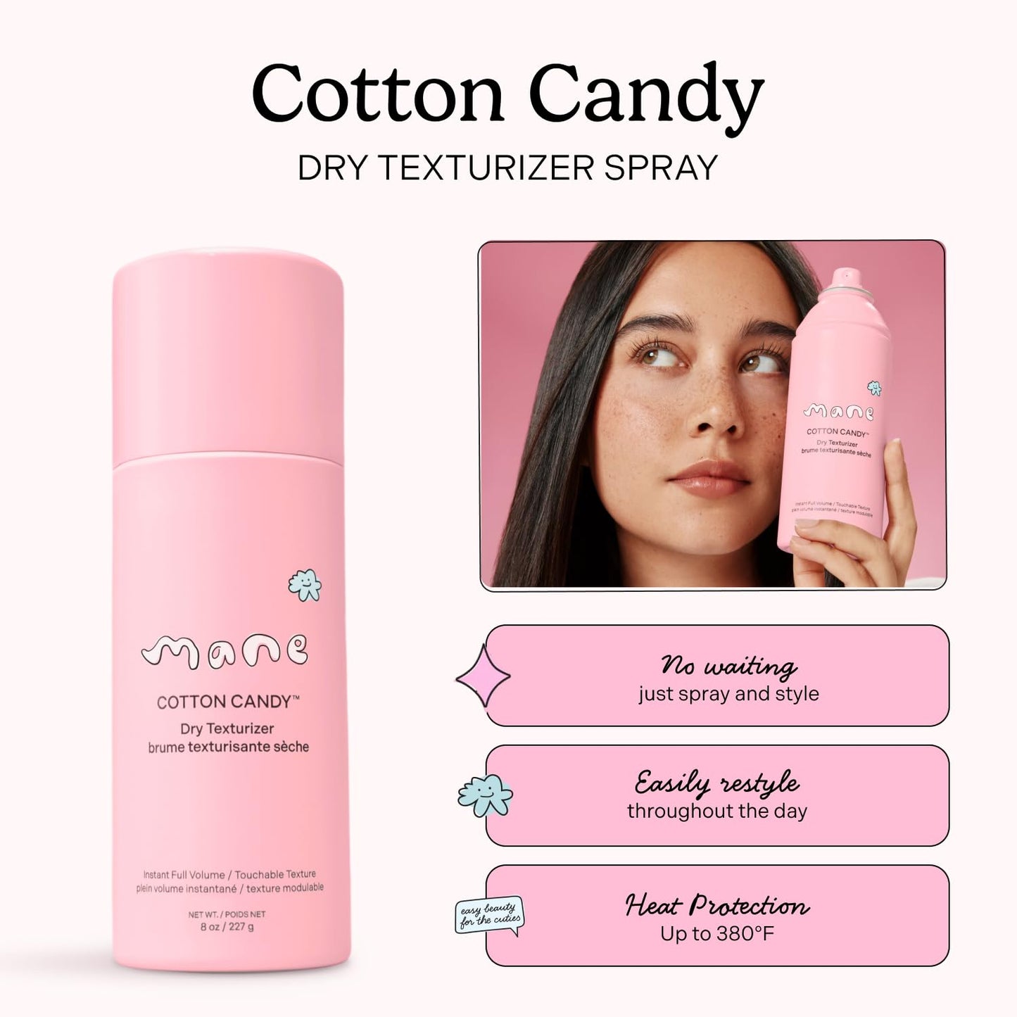 Mane Cotton Candy Dry Texture Spray - Volumizing Spray for Fine Hair - Lightweight Hair Styling Spray with Root Lift & Soft Tousled Texture - Heat Beauty & Personal Care Mane