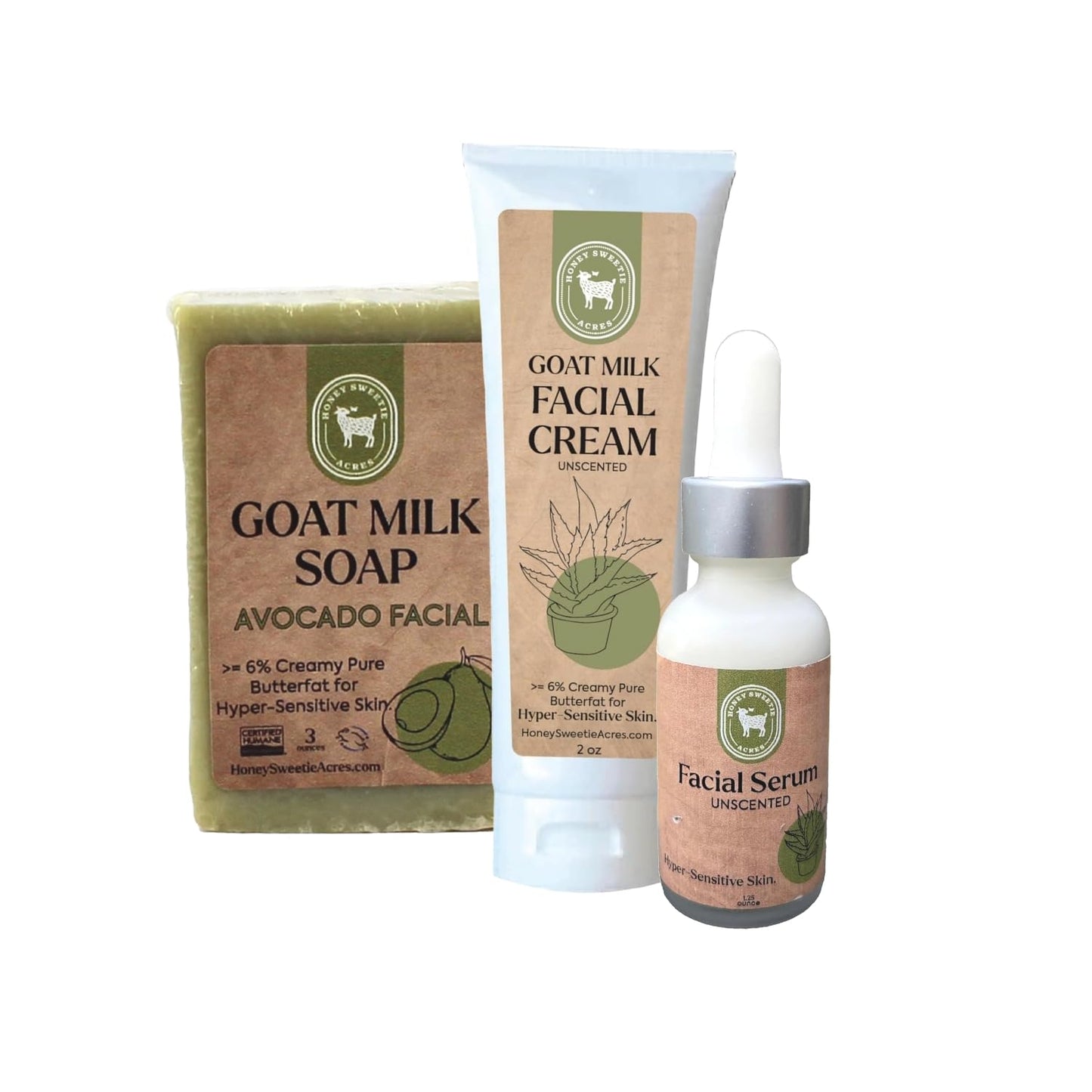 Honey Sweetie Acres All-Natural Skincare Bundle - Avocado Cleansing Bar, Vitamin B Serum & Goat Milk Cream - Hypoallergenic, Fragrance-Free Beauty & Personal Care Honey Sweetie Acres