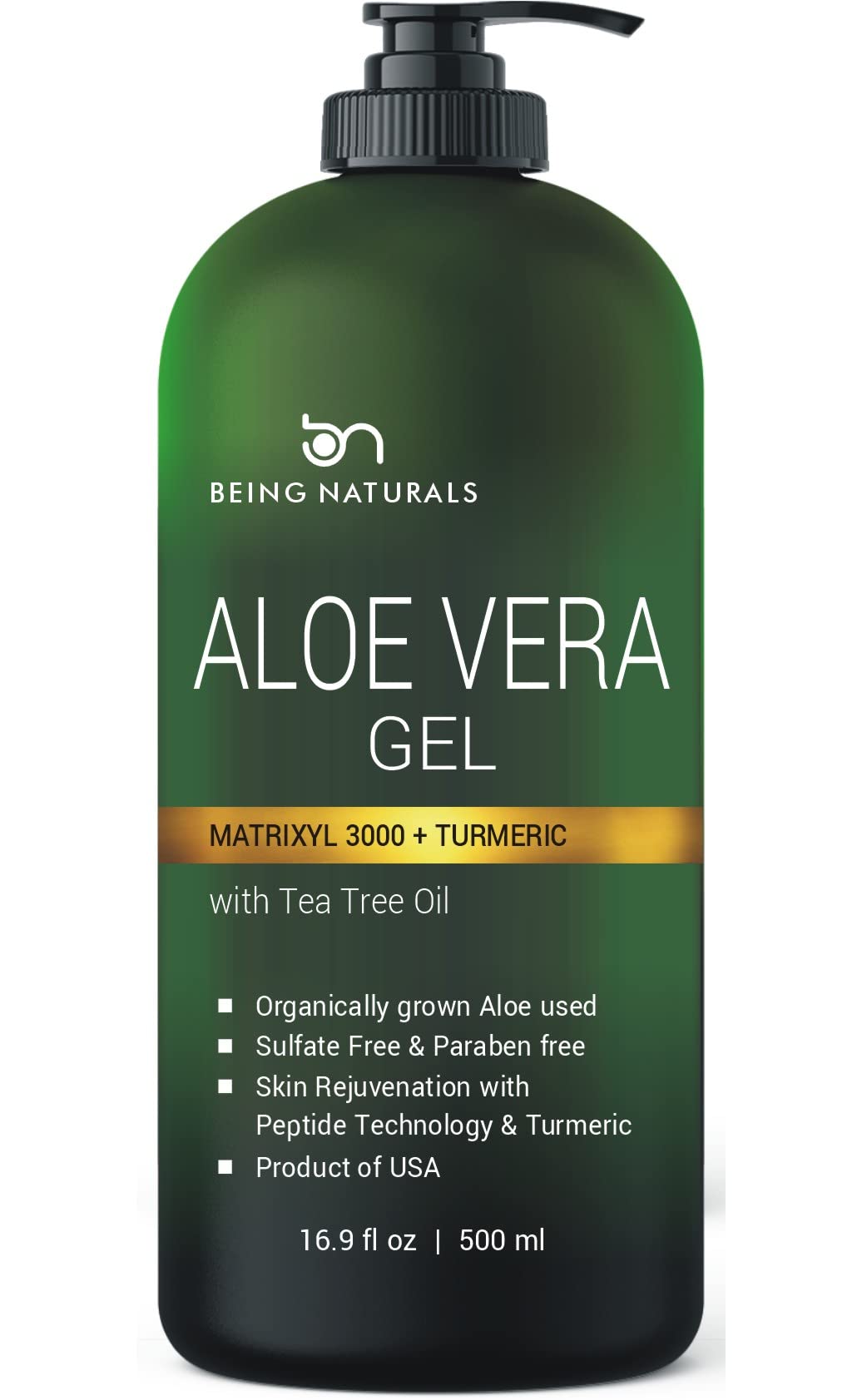 Aloe vera Gel - from 100% Pure Organic Aloe Infused with Matrixyl 3000 (Peptides), Turmeric - Natural Raw Moisturizer for Face, Body, Hair. Perfect Beauty & Personal Care Being Naturals