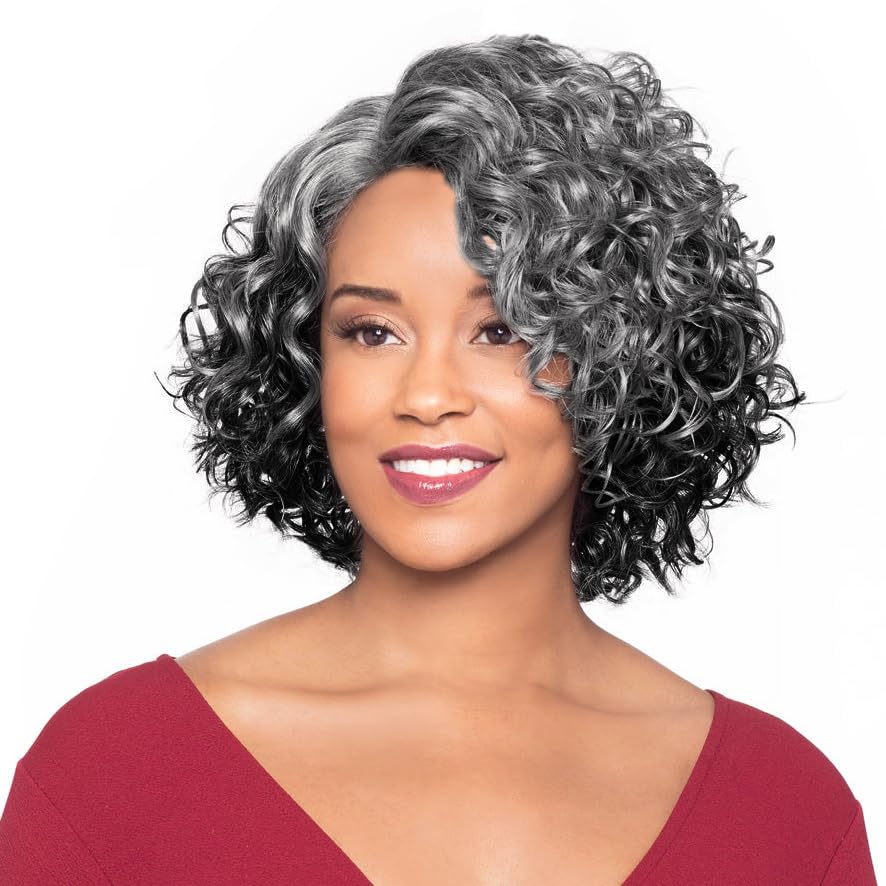 Foxy Silver Martina Wig Color 1B - 11" Long Curly Side Part Fusion Heat Resistant Synthetic J Part African American Average Cap Bundle Maxwigs
