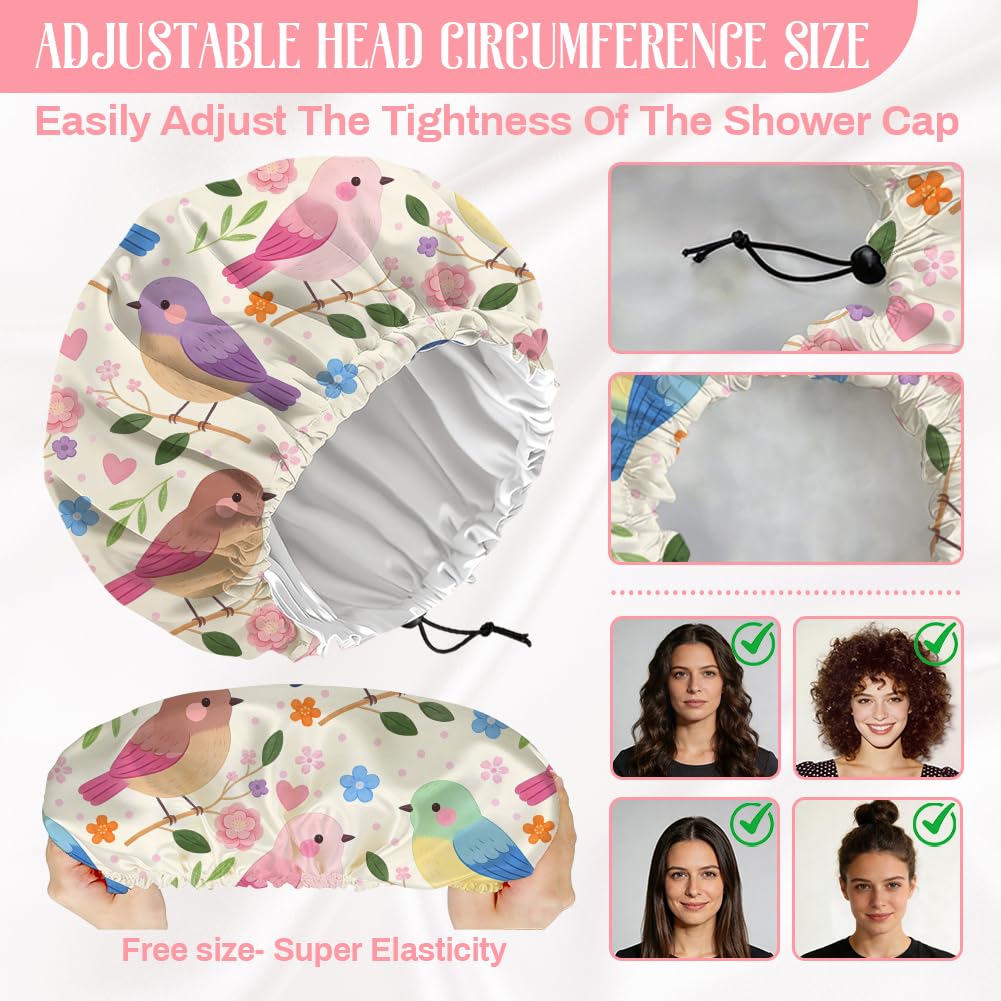 DELORIGIN Bohemian Birds Flowers Reusable Shower Cap Cute Double Layer Waterproof Shower Caps Large Elastic Hair Cover Adjustable Hair - Drying Caps Beauty and Personal Care DELORIGIN