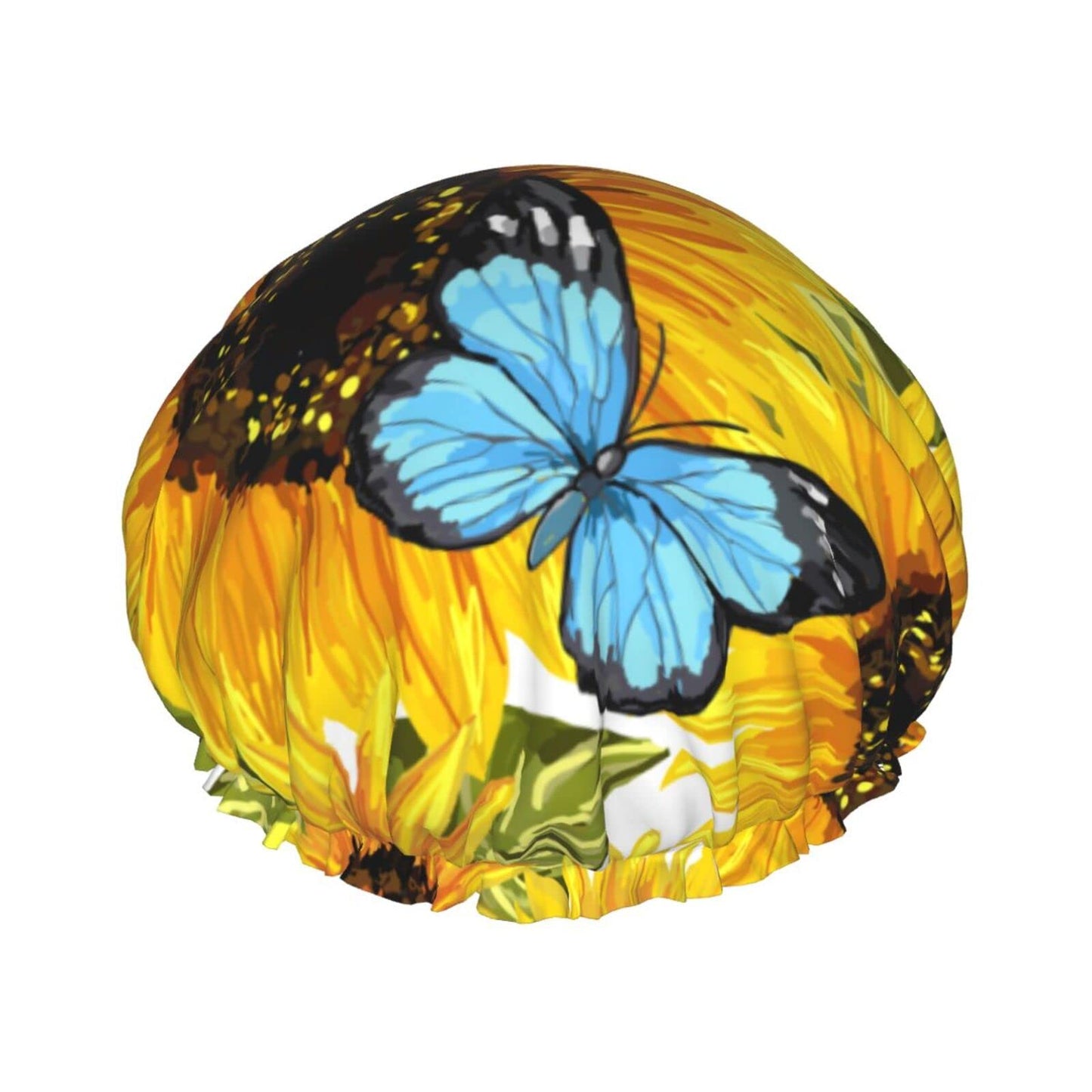 Sunflowers Blue Butterflies Shower Cap for Women,Double Waterproof Layers Bathing Shower Hat Large Designed for all Hair Beauty and Personal Care JIAOGSNC