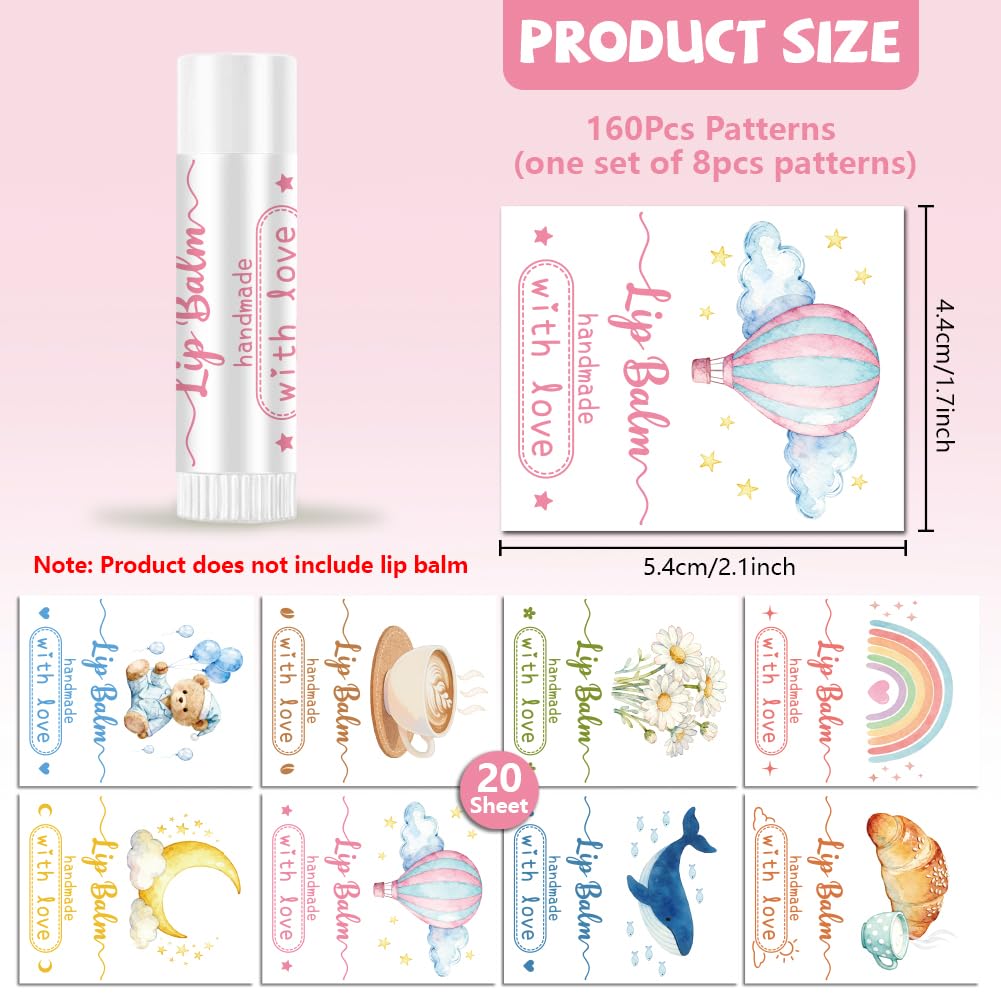 Peacoblue 160Pcs Lip Balm Labels Sticker for Tubes 2.1"x1.7" Soft Cute Watercolor Elements, 8 Styles Waterproof Chapstick Labels Glossy for Homemade Beauty and Personal Care peacoblue