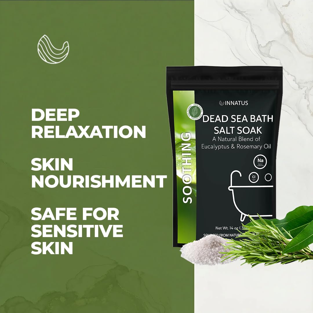 Dead Sea Soothing Bath Salt Soak with 21 Minerals - Relaxing, Detoxifying, and Nourishing for Skin - 14oz, Infused with Essential Oils - Rejuvenate Beauty and Personal Care INNATUS