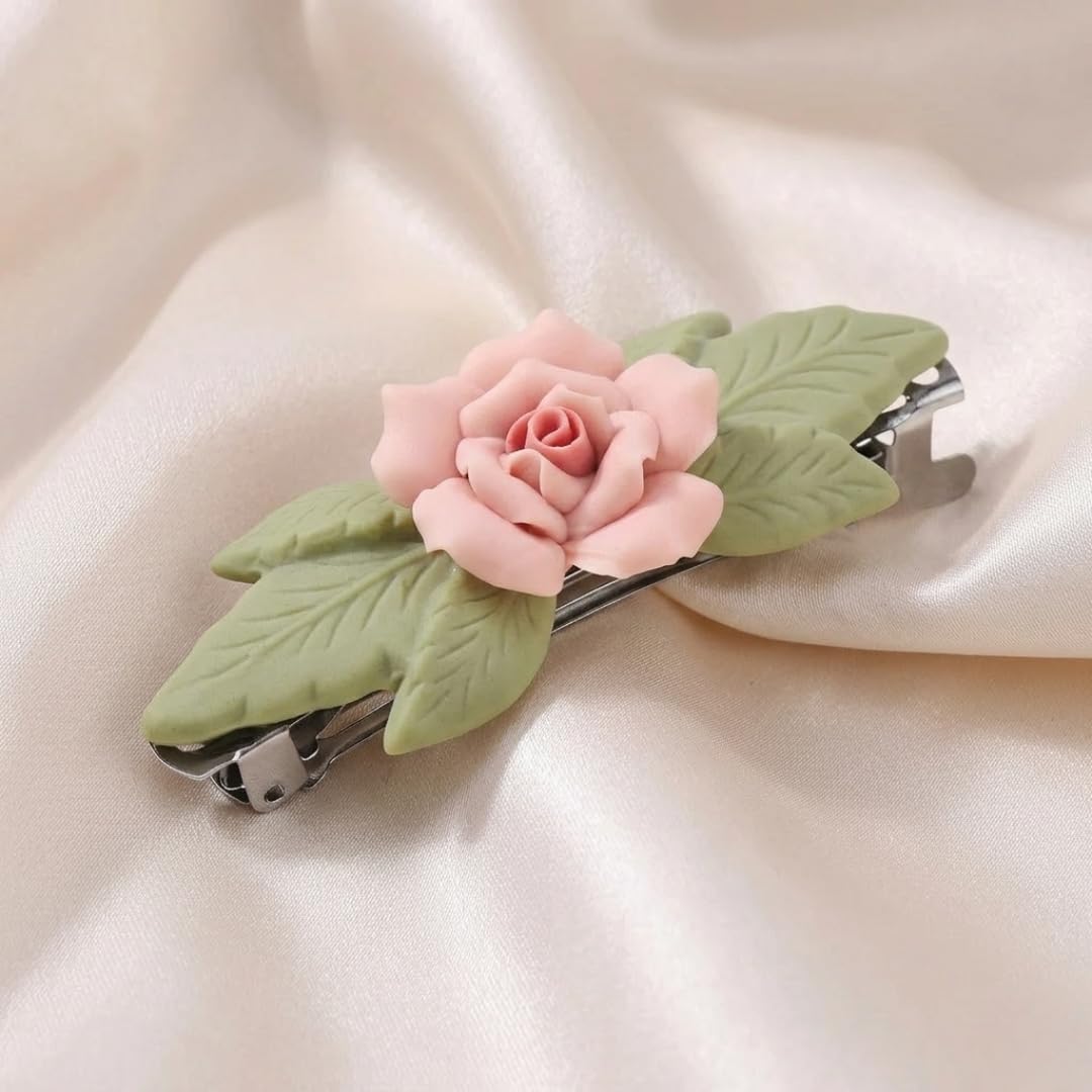 1928 Jewelry Genuine Porcelain Rose And Green Leaf French 2.68 Inch Hair Barrette Clip For Women, (1 Pcs), Handmade Flowers, Botanical Inspired Floral