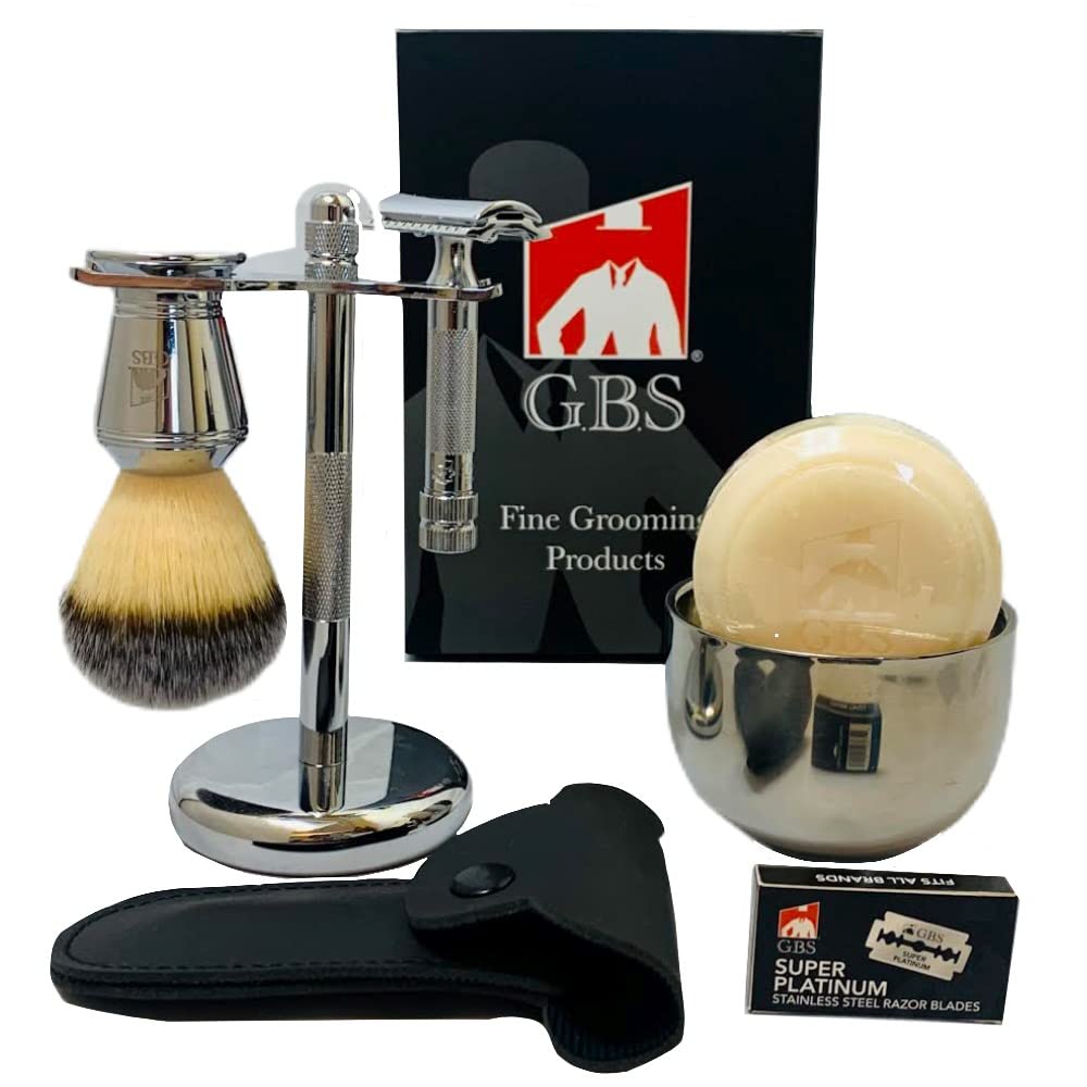 G.B.S Men's Shaving Set- MK34 Double Edge Safety Razor, Bristle Hair Brush, Dual stand, Chrome Shaving Bowl, Natural shave Soap, Leather Razor Case Beauty and Personal Care G.B.S