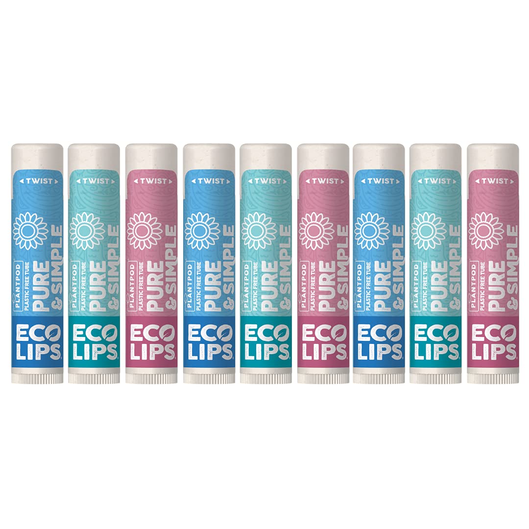 Eco Lips - Pure & Simple Raspberry, Coconut and Vanilla Organic Lip Balm 9-Pack (0.15 oz.) - 100% Natural. 100% Plastic-Free Plant Pod Packaging. Made Beauty & Personal Care Eco Lips