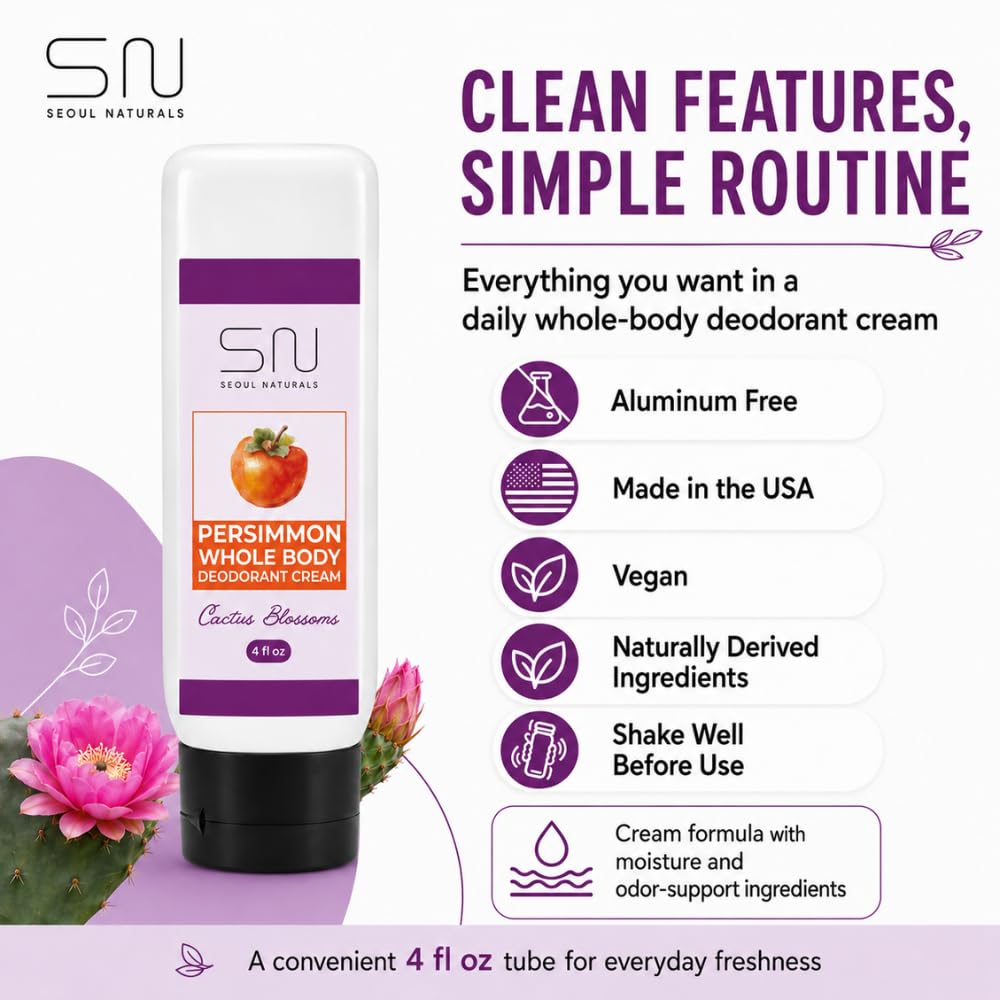 Seoul Naturals Persimmon Whole Body Deodorant Cream, Cactus Blossoms Scented, Eliminates Nonenal Odors, k beauty inspired, 4fl oz Beauty and Personal Care Seoul Naturals