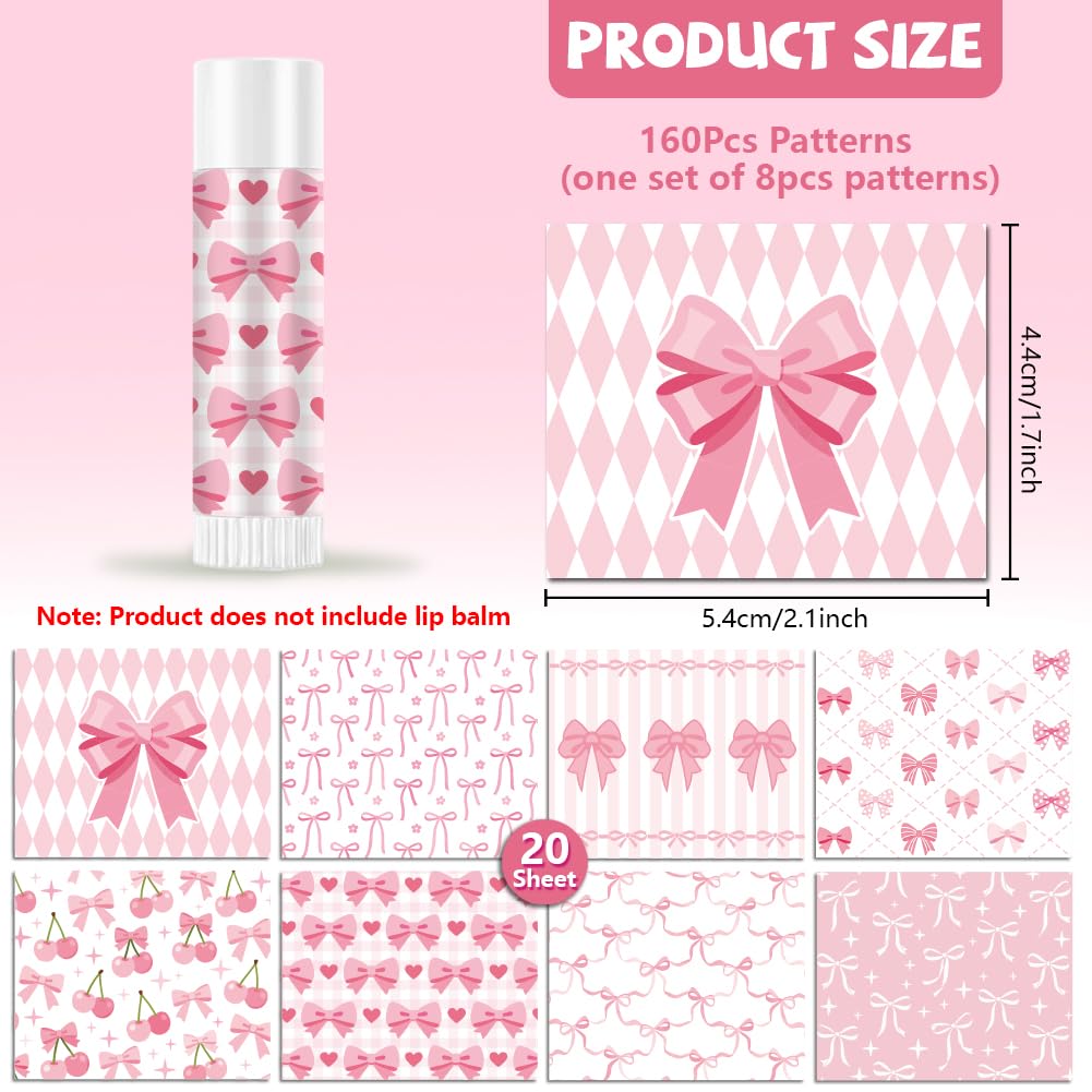 Peacoblue 160Pcs Lip Balm Labels Sticker for Tubes 2.1"x1.7" Pink Bow and Cherry, 8 Styles Waterproof Chapstick Labels Glossy for Homemade Lip Balm Beauty and Personal Care peacoblue
