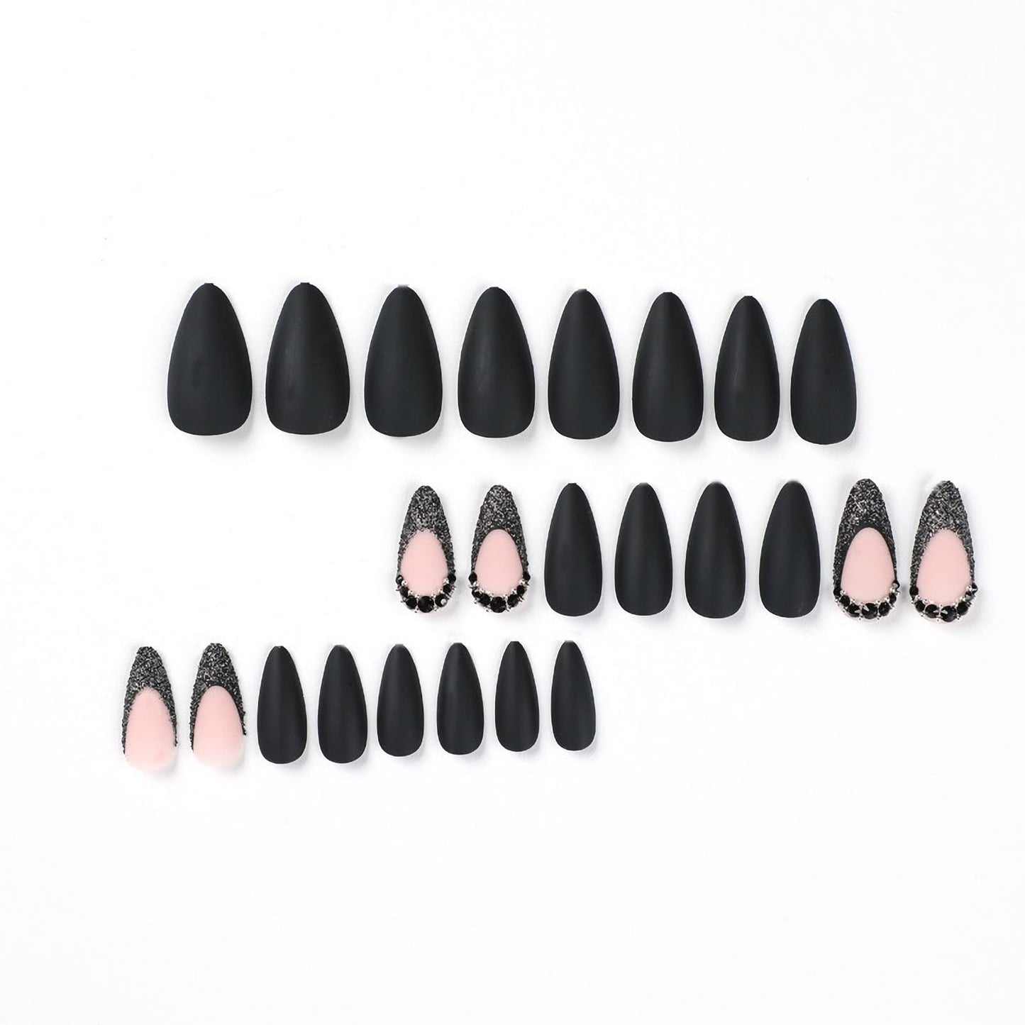 IMSOHOT Medium Press on Nails Almond Matte Black Fake Nails French Tips Acrylic False Nails with Rhinestone Designs Beauty & Personal Care IMSOHOT