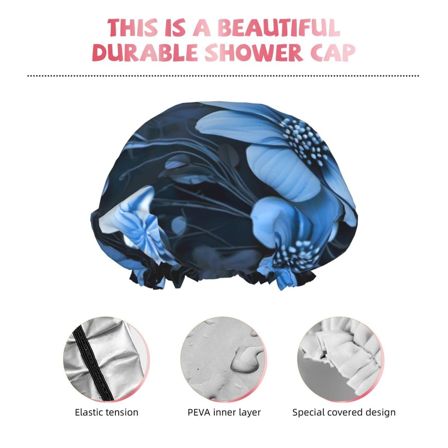 Blue Flowers Shower Cap for Women Men Large Reusable Shower Bonnet Double-Layer Waterproof Bath Caps Elastic Band Hair Hat for All Hairstyles Beauty and Personal Care BWLHJKE