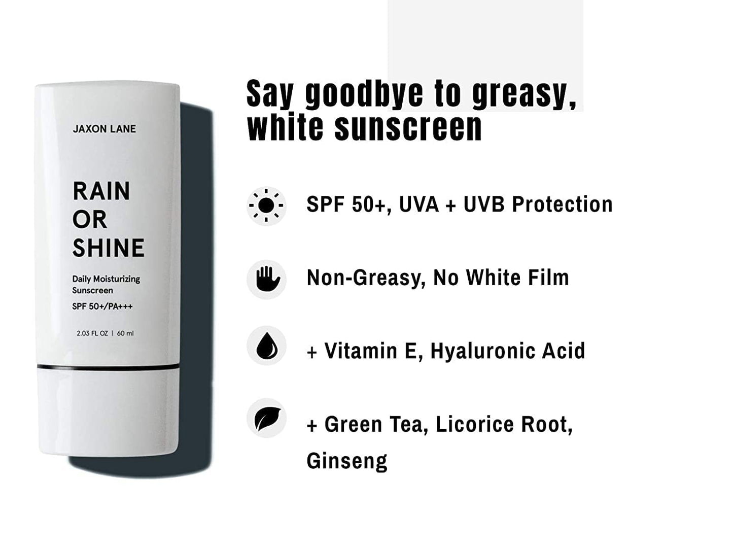 RAIN OR SHINE Anti Aging Face Sunscreen SPF 50 for Clear Skin with Green Tea, Hyaluronic Acid, Vitamin E Oil, Ginseng Extract, Licorice Root - SPF Beauty & Personal Care JAXON LANE
