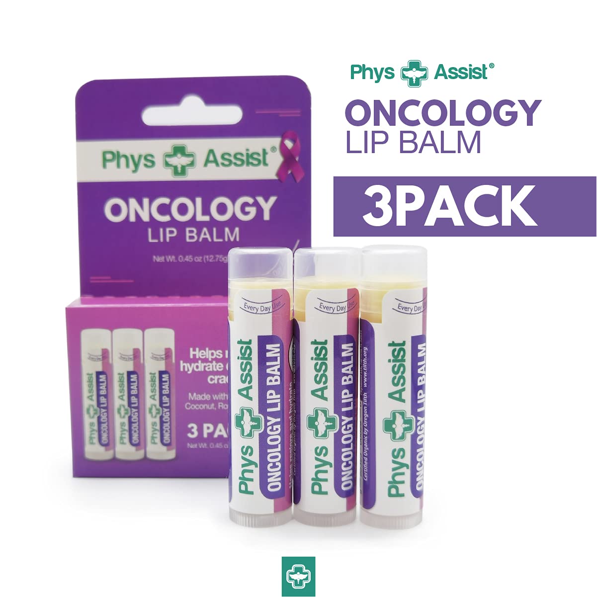 Oncology Lip Balm USDA Organic, Hydrate Dry, Parched Lips. Moisturizing -3 Pack Beauty & Personal Care PhysAssist