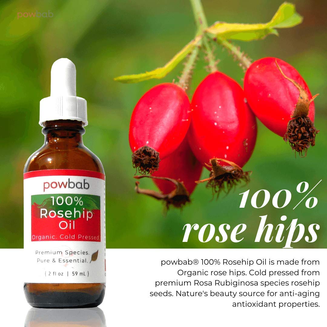 powbab 100% Rosehip Oil - Organic, Cold Pressed from Premium Rosa Rubiginosa Rosehip Seed. Face and Body Oil for Skin, Hair, Nail Repair. Raw Pure E Beauty & Personal Care powbab