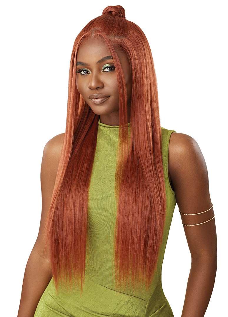 Outre 6X5 Pre-Cut Lace Closure Wig - Human Hair Blend - Sleek Yaki 30" (DARK BROWN 2)