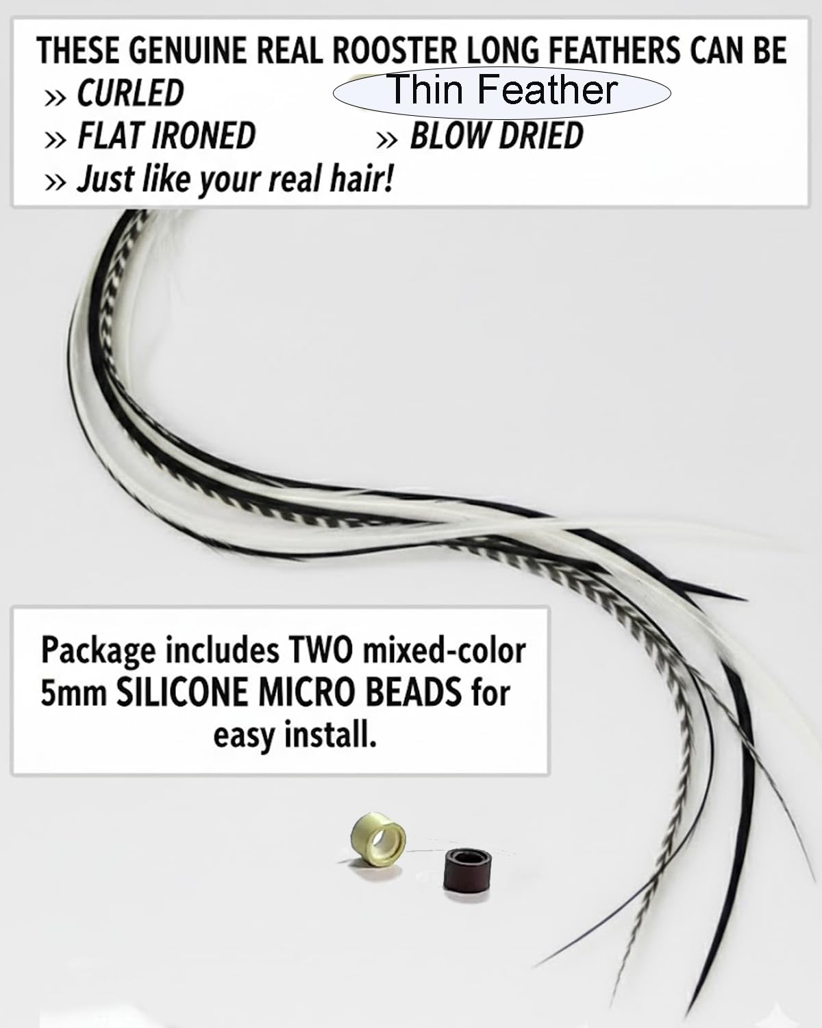 Feather Hair Extension - 5 Real Rooster Feathers Bonded at Tip, Black & White Zebra Pattern, 7-11” Long, Includes 2 Silicone Micro Beads for Easy