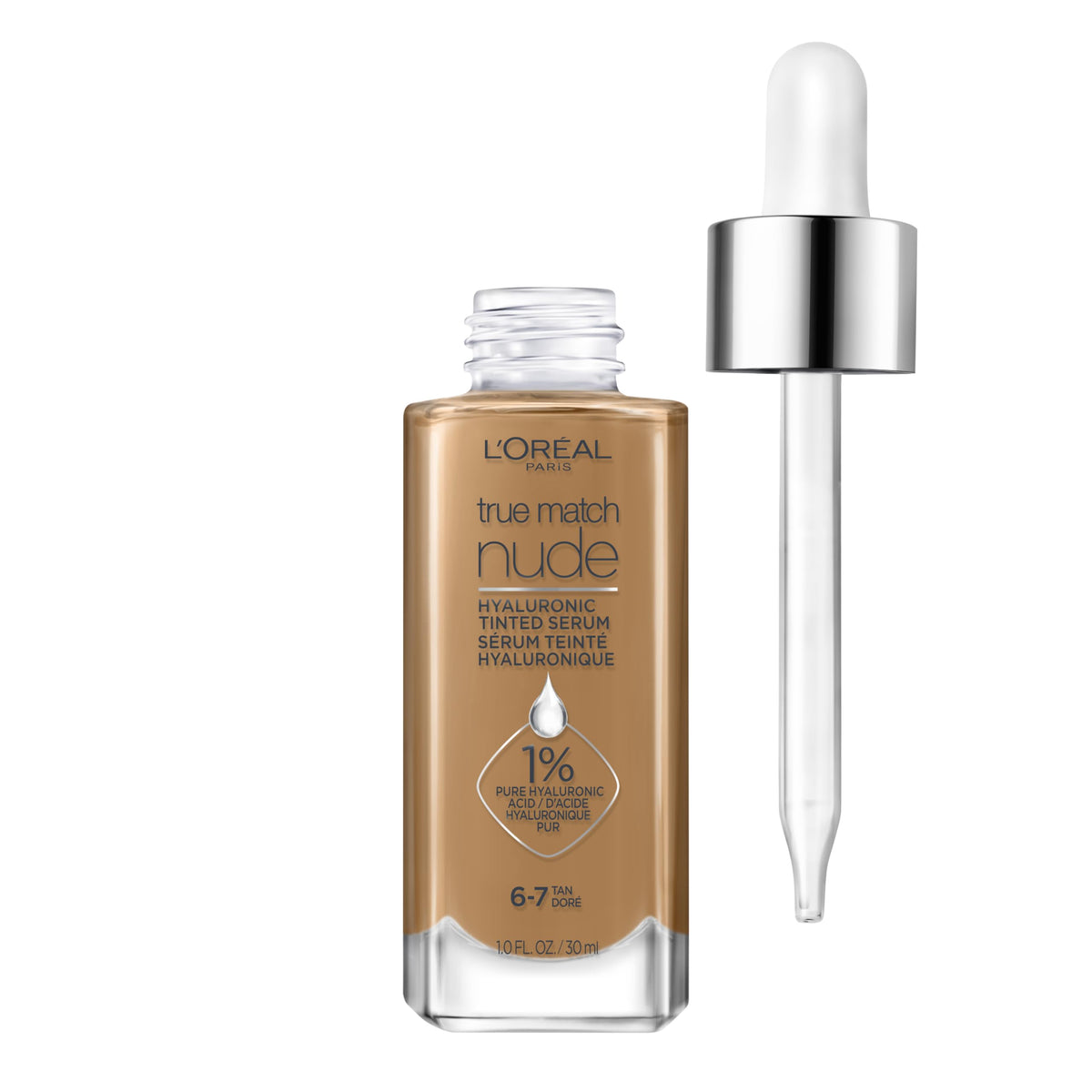 L'Oreal Paris True Match Nude Hyaluronic Tinted Serum Foundation with 1% Hyaluronic acid, Tan 6-7, 1 fl. oz.
