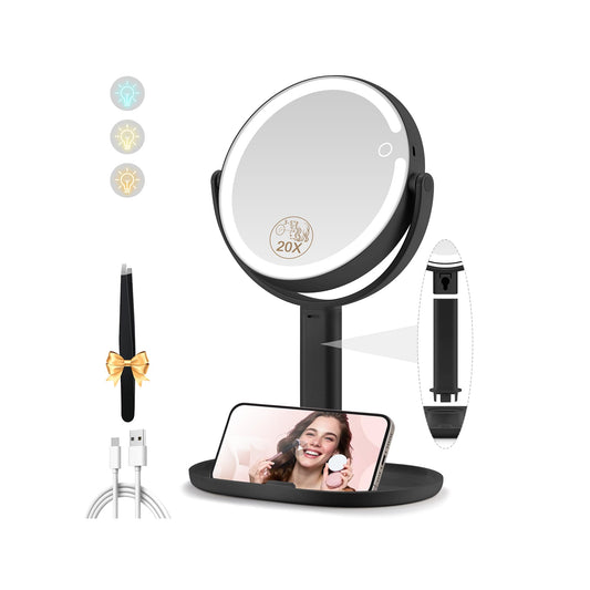 MOMOKUBA Makeup Mirror with Lights, 20X Magnifying Mirrors, Height Adjustable, Vanity Mirror with Lights Rechargeable 3 Color Modes, Double-Sided Beauty and Personal Care MOMOKUBA Default Title