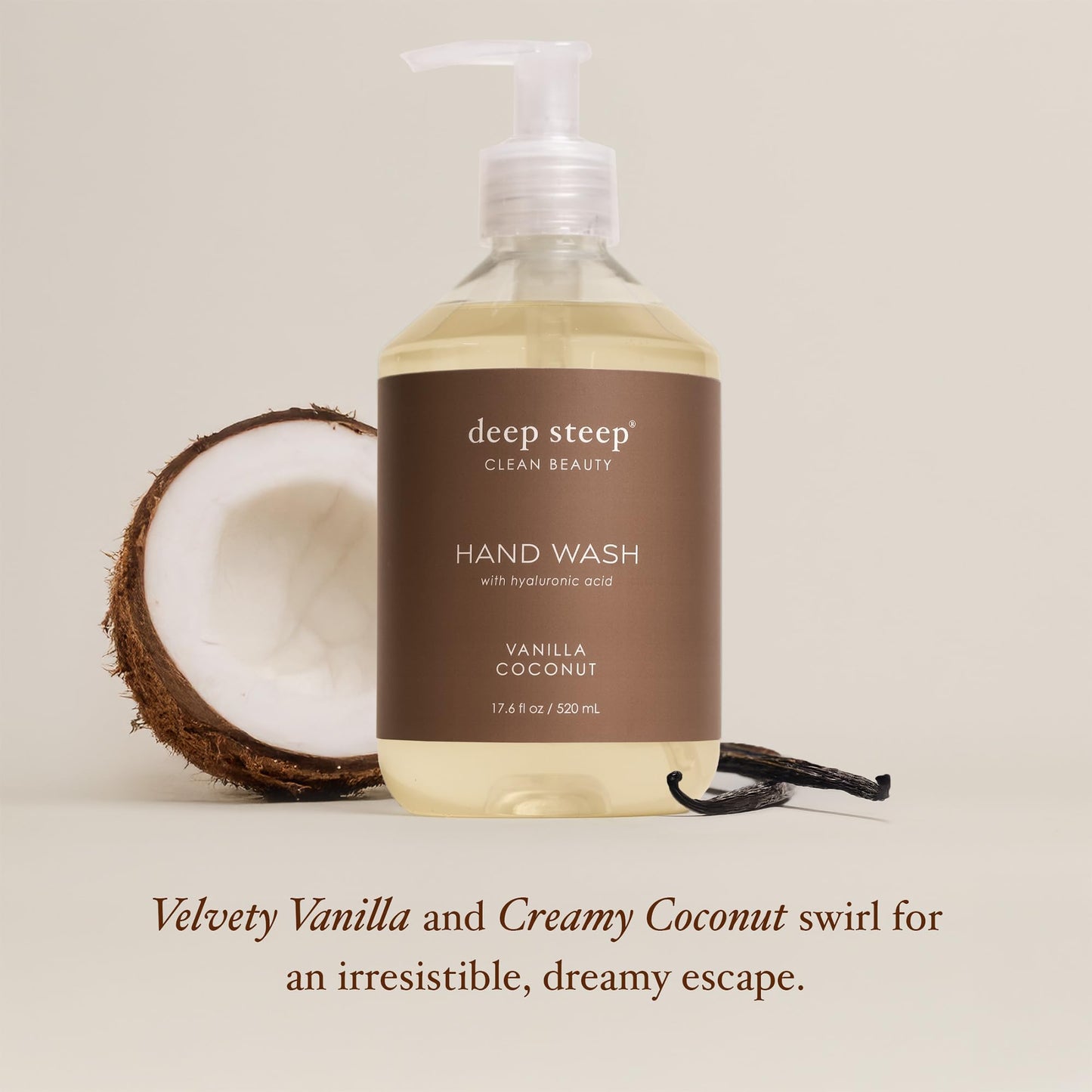 Deep Steep Liquid Hand Wash, Vanilla Coconut, 17.6 oz - Moisturizing Cleanser with Olive Oil, Aloe Vera, Glycerin & Hyaluronic Acid - Vegan, Clean Beauty & Personal Care Deep Steep