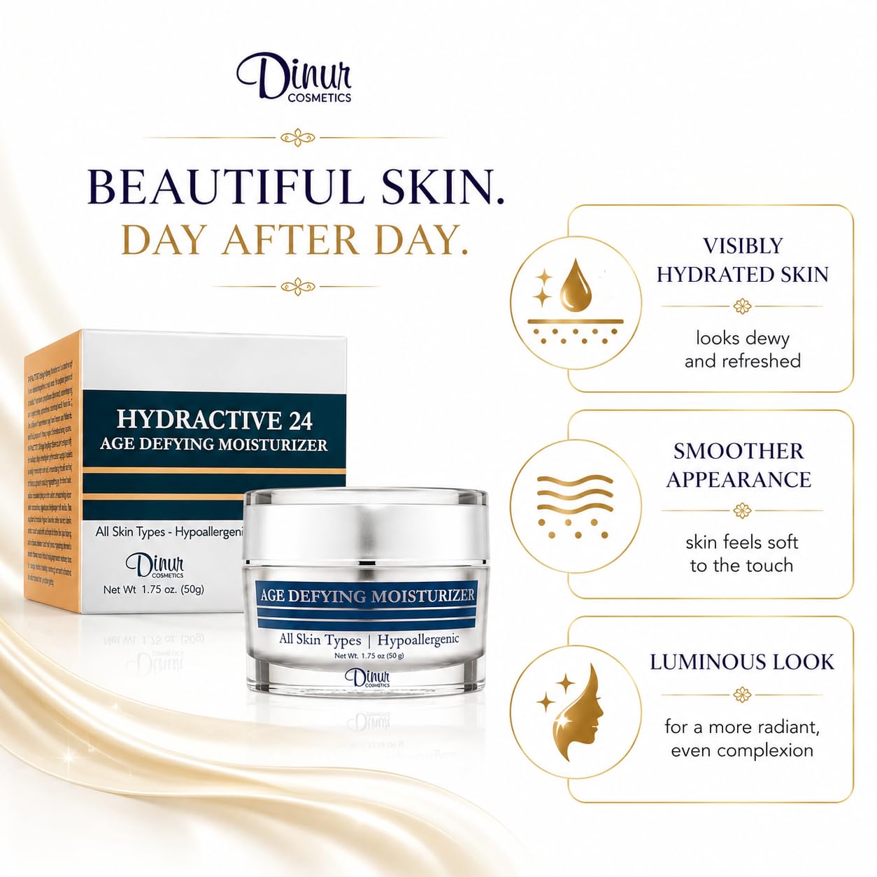 Dinur Cosmetics Hydractive 24 Age Defying Moisturizer Hydrating Looks Younger Smoother & Lucent Improves Skin Elasticity Uniformity 1.75 ounces/50 Beauty & Personal Care Dinur Cosmetics