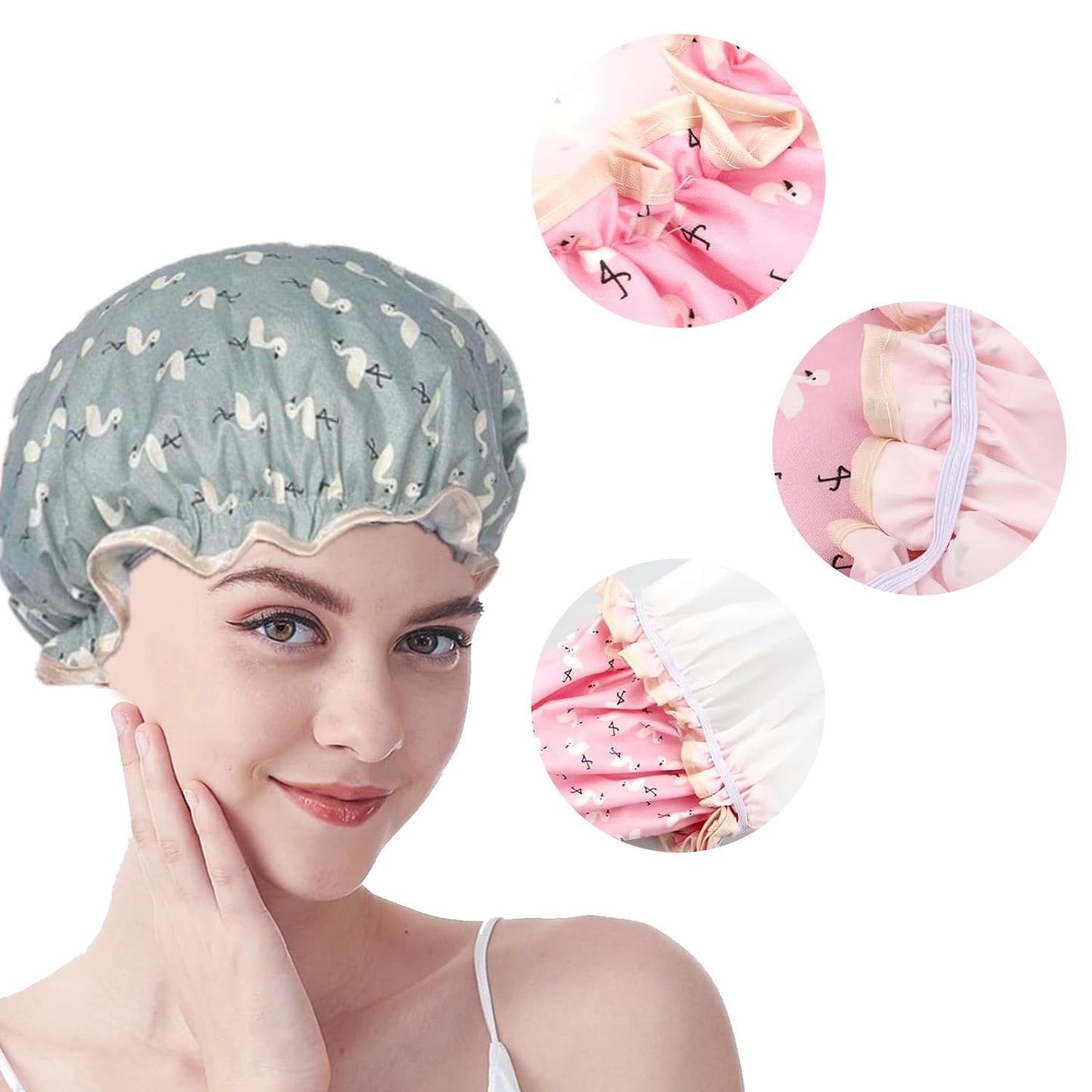 Double Layer Shower Cap for Women Waterproof Reusable Elastic Band, Ruffled Edges Covering Ears for Long, Short & Curly Hair (Blue Bird) Beauty and Personal Care YUNYU