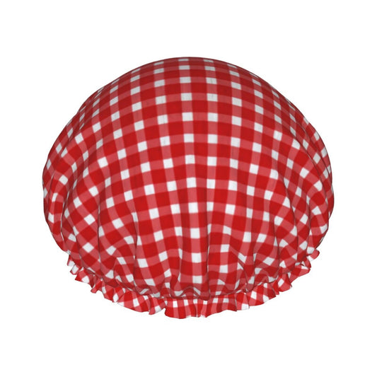 Sjilai Retro Red Gingham Shower Cap For Women Adjustable Double Waterproof Layers Bathing Shower Hat Hair Protection Reusable Ladies Spa Salon Shower Beauty and Personal Care Sjilai