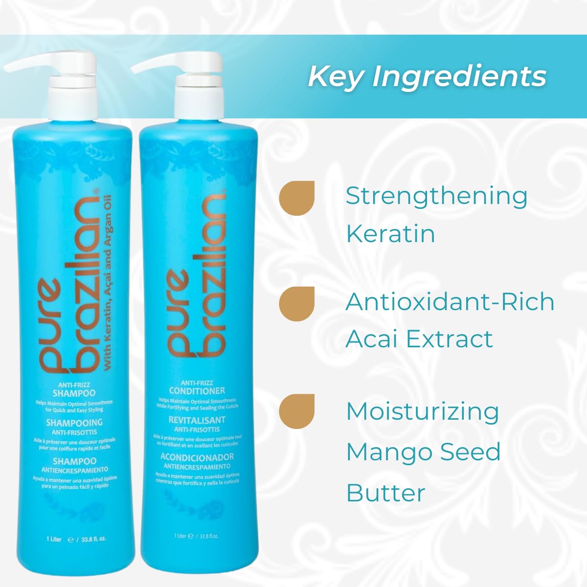 Pure Brazilian Anti-Frizz Daily Shampoo & Conditioner, Salt-Free & Color Safe, Enriched with Keratin, Argan Oil & Acai, 1 Liter (33.8 Fl Oz) Beauty & Personal Care Pure Brazilian