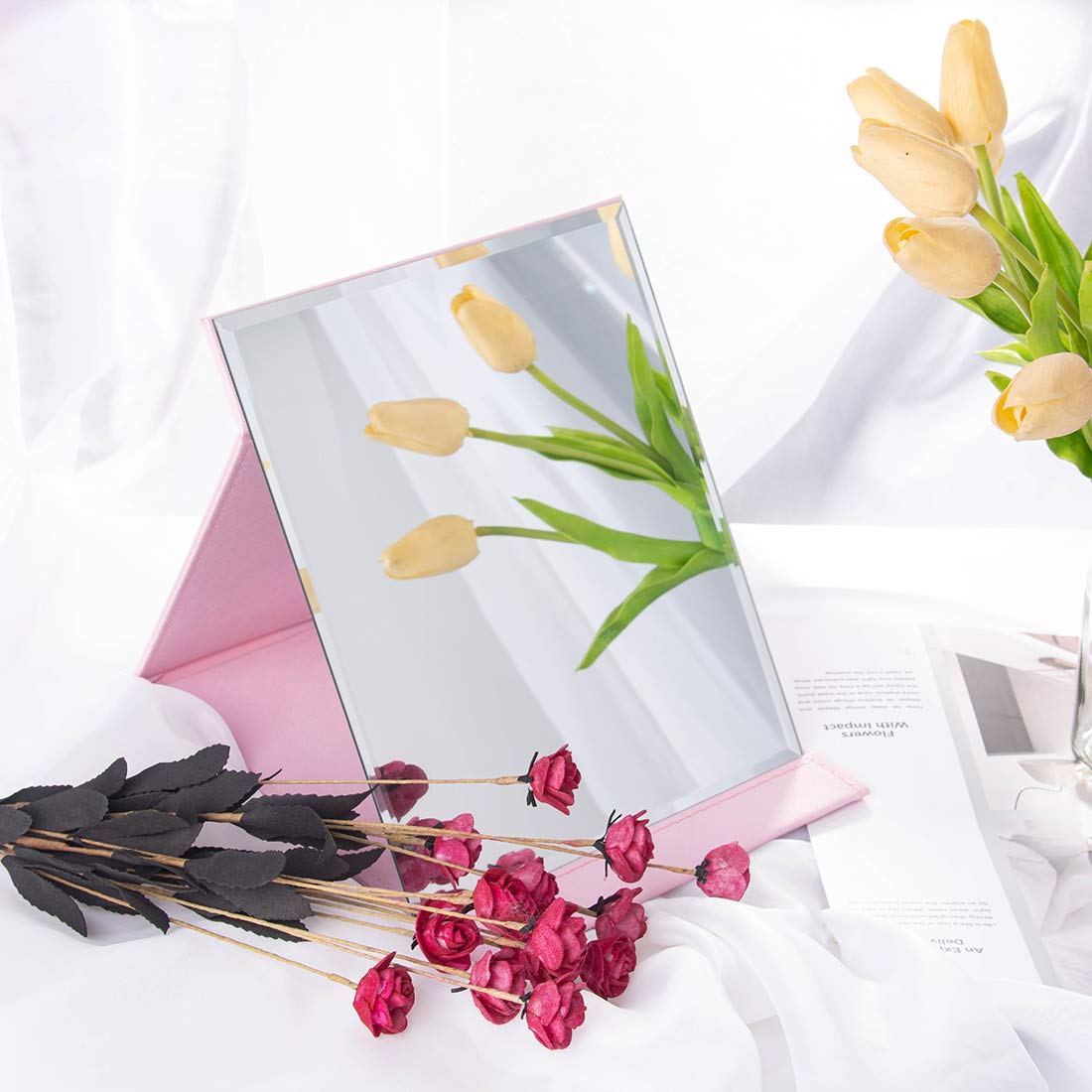 LONGSHENG - SINCE 2001 - Protable PU Leather Mirror Folding Desktop Makeup Mirror with Adjustable Stand for Personal Use,Travelling (L, Pink) Beauty & Personal Care LONGSHENG - SINCE 2001 -