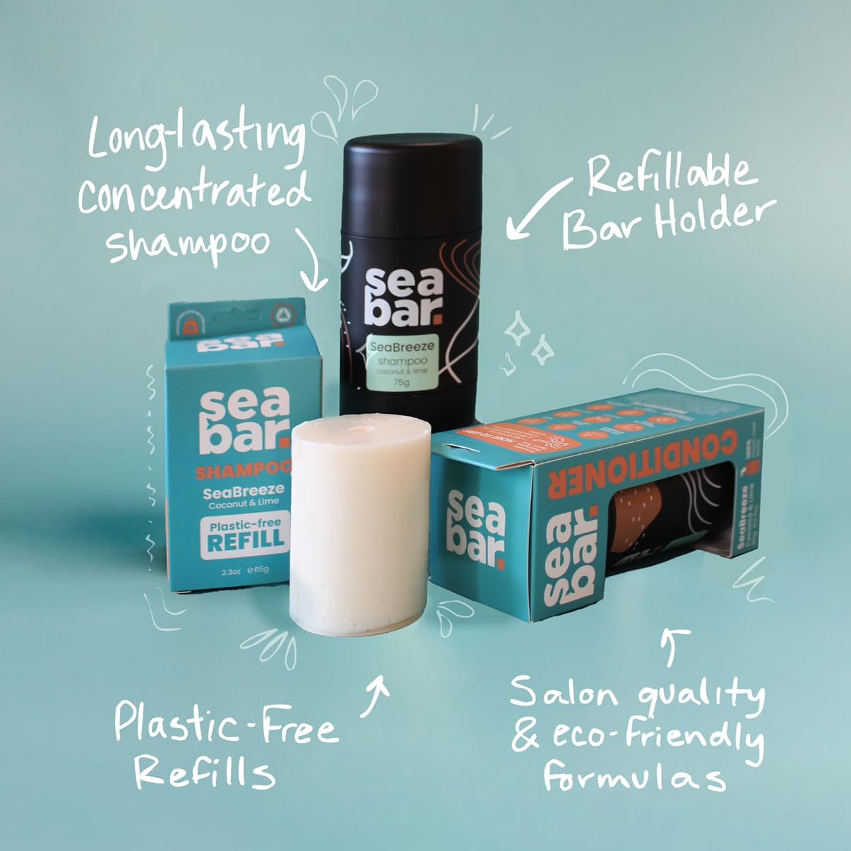 SeaBar Shampoo & Conditioner Bar Refill Set - All Natural Hair Shampoo - Vegan, Sulfate-Free, Eco Friendly Zero Waste Reusable Packaging with Travel Beauty & Personal Care SeaBar
