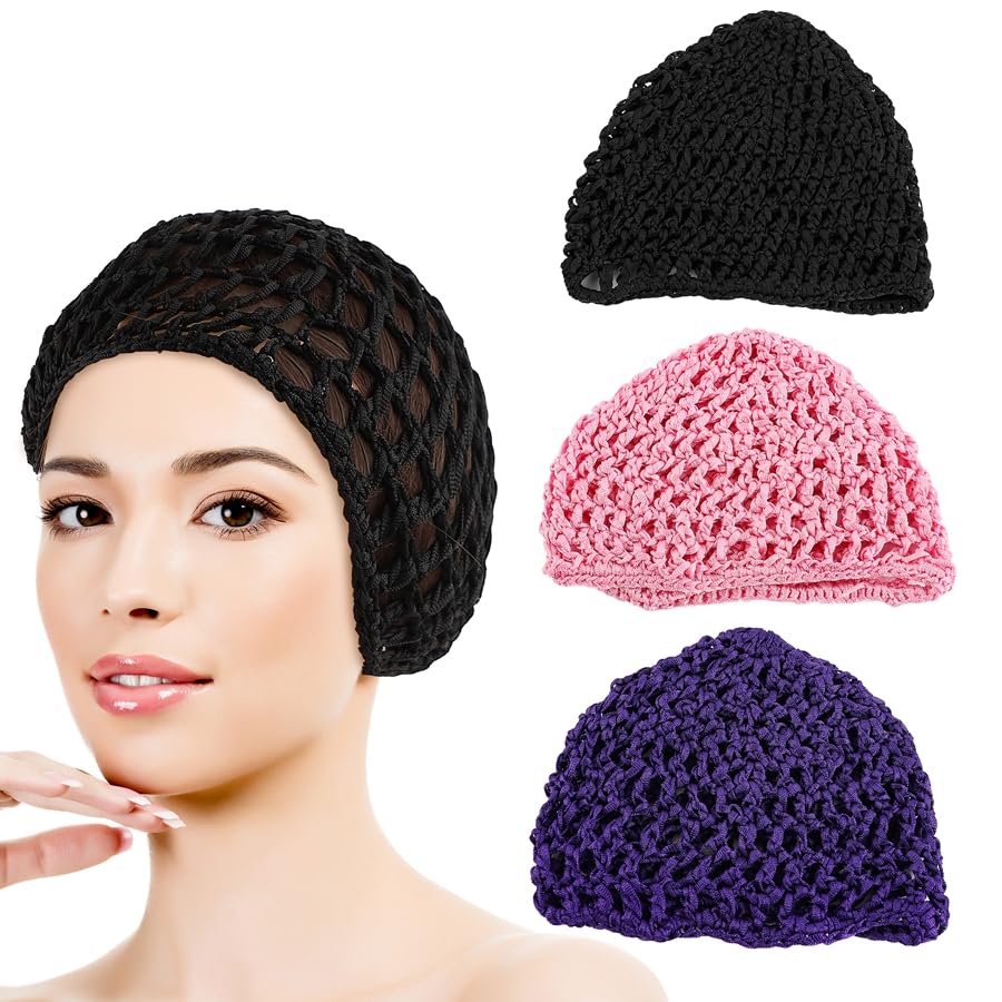 Framendino, 3 Pack Mesh Crochet Hair Net Rayon Knit Snoods Hat Thick Hairnet Snood Cover Ornament for Night Sleeping Accessories (Blue & Pink Purple) Beauty and Personal Care Framendino