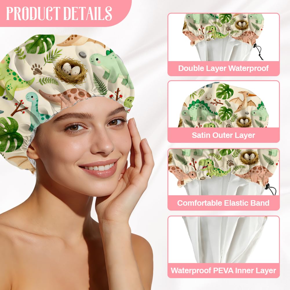 DELORIGIN Dinosaurs Leaves Reusable Shower Cap Cute Double Layer Waterproof Shower Caps Large Elastic Hair Cover Adjustable Hair - Drying Caps Beauty and Personal Care DELORIGIN