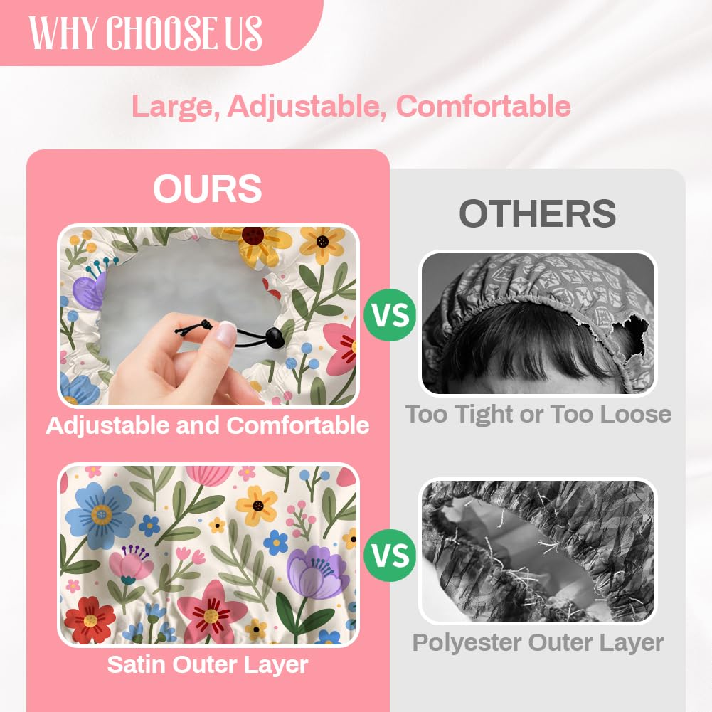 DELORIGIN Bohemian Floral Patterns Reusable Shower Cap Cute Double Layer Waterproof Shower Caps Large Elastic Hair Cover Adjustable Hair - Drying Caps Beauty and Personal Care DELORIGIN