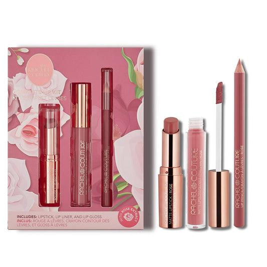 Rachel Couture Complete Lip Kit | Includes Lipstick, Lip Liner & Lip Gloss | Vegan & Cruelty Free | Infused with Rose Extract - Rose Beauty & Personal Care Rachel Couture
