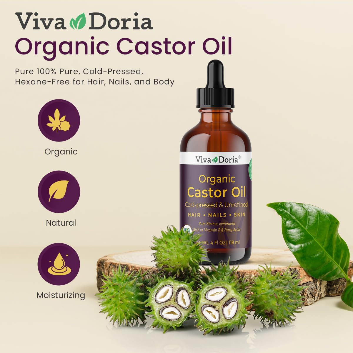 Viva Doria Organic Castor Oil, 4 Fl Oz | Virgin, Cold Pressed, Hexane-Free, Vegan | Nourishing Hair & Skin Care | Eyelash & Brow Serum | Glass Bottle Beauty & Personal Care Viva Doria