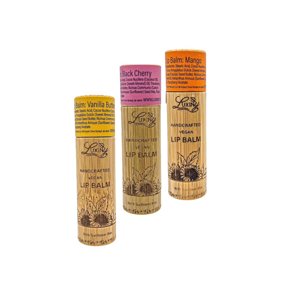 Luxiny Lip Balm 3-Pack - Vegan, Natural Moisturizing Lip Care in Bamboo Tubes with Sunflower Wax and Vitamin E (.15, Vanilla Buttercream, Mango, Black Beauty and Personal Care Luxiny