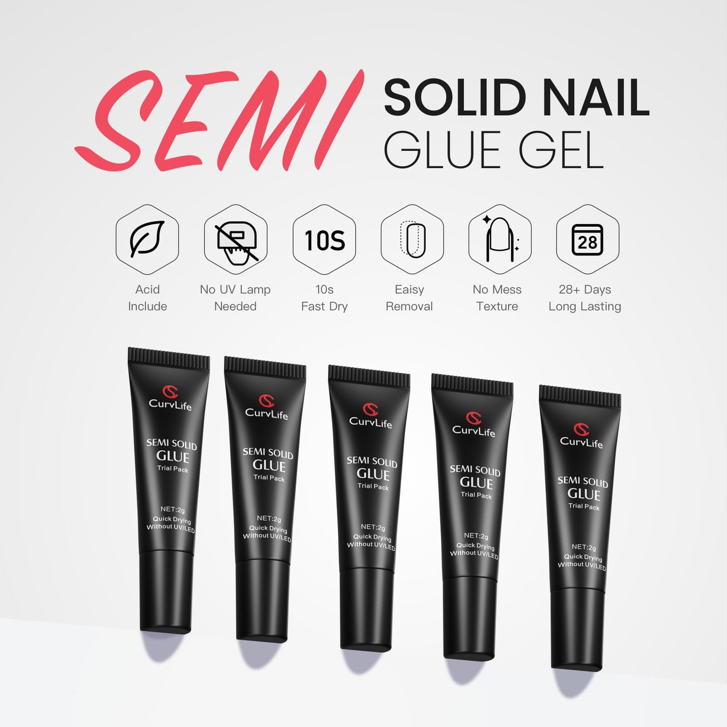 CurvLife Nail Tips Semi Solid Nail Glue 2g (5pcs) - Super Strong, Soft Glue Gel Quick Drying Adhesive for Press On Nails, No UV Light Needed Beauty and Personal Care CurvLife