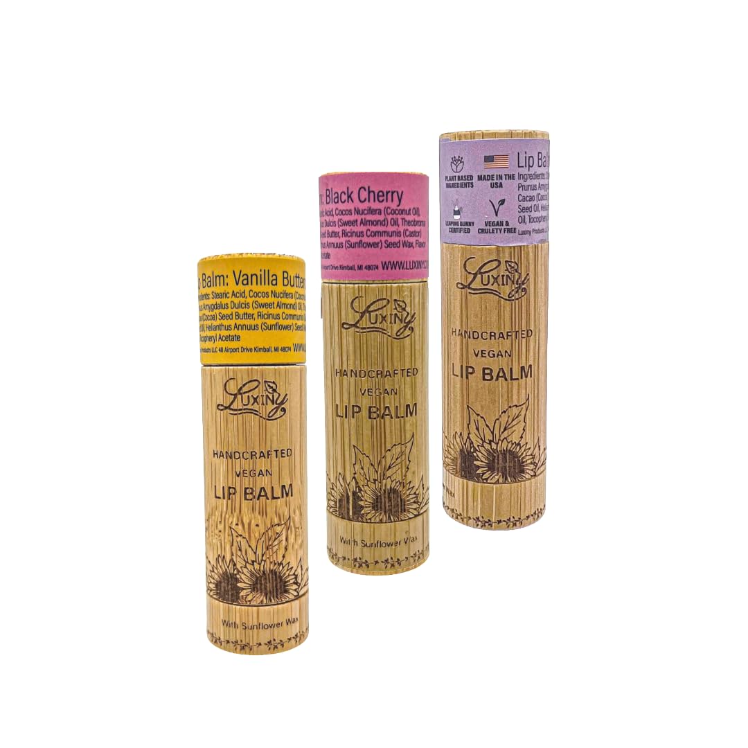 Luxiny Lip Balm 3-Pack - Vegan, Natural Moisturizing Lip Care in Bamboo Tubes with Sunflower Wax and Vitamin E (.15, Vanilla Buttercream, Black Beauty and Personal Care Luxiny