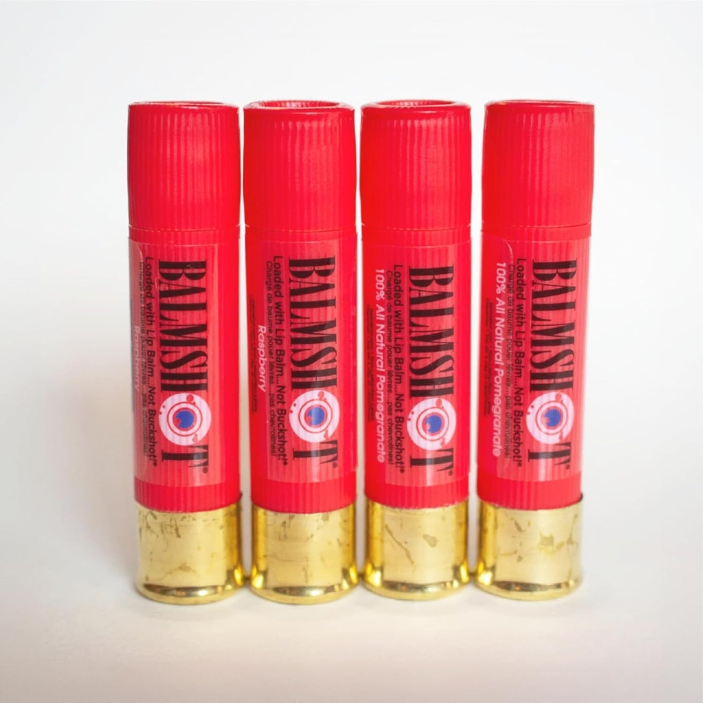 BALMSHOT Lip Balm 4-Pack - Fruit Combo Variety Pack - (2) Pomegranate & (2) Raspberry - SPF 15 Beeswax Formula - 20-Gauge Brass Shotgun Shell Tube Beauty & Personal Care Balmshot