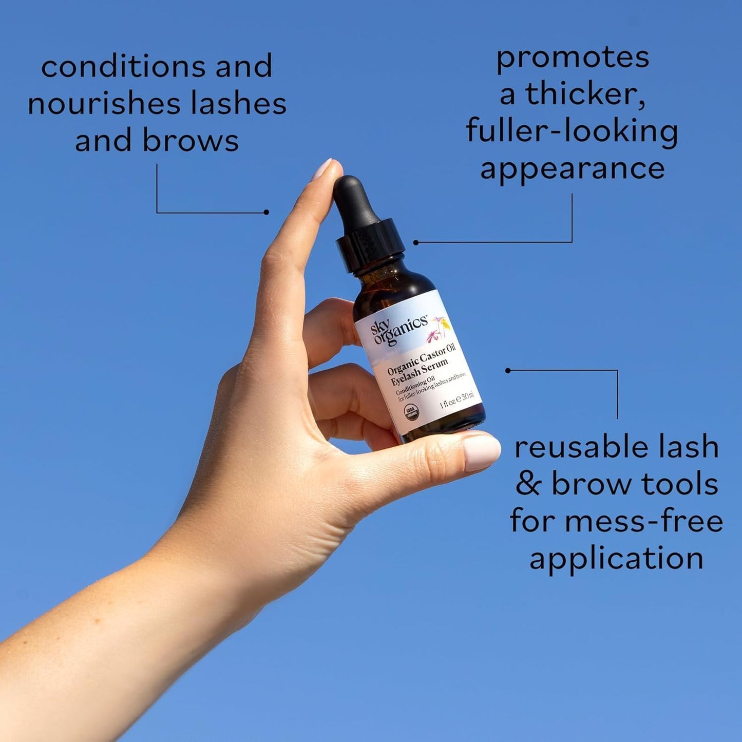 Sky Organics - USDA Organic Castor Oil Eyelash Serum (1 fl oz/30 mL) Brown Glass Bottle for UV Protection - Fuller-Looking Eyebrow & Lash Serum Beauty & Personal Care Sky Organics