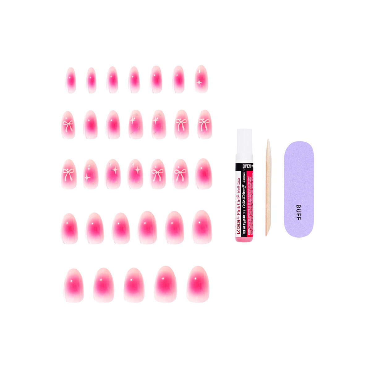 Kiss Core, Press On Nails, Nail glue included, 'My Time', Pink, Medium Size, Almond Shape, Includes 32 Nails, 2g Glue, 1 Manicure Stick, 1 Mini File