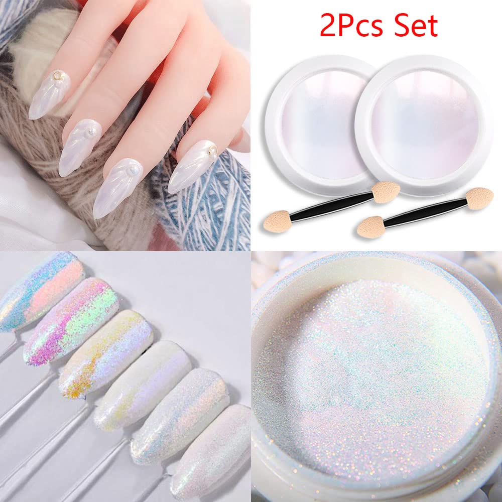 evpct 2Pcs Pearl White Mermaid Aurora Chrome Nail Powder Kit for Gel Nails Polish Rainbow Holographic Iridescent Chameleon Metallic Neon Nail Pigment Beauty & Personal Care evpct