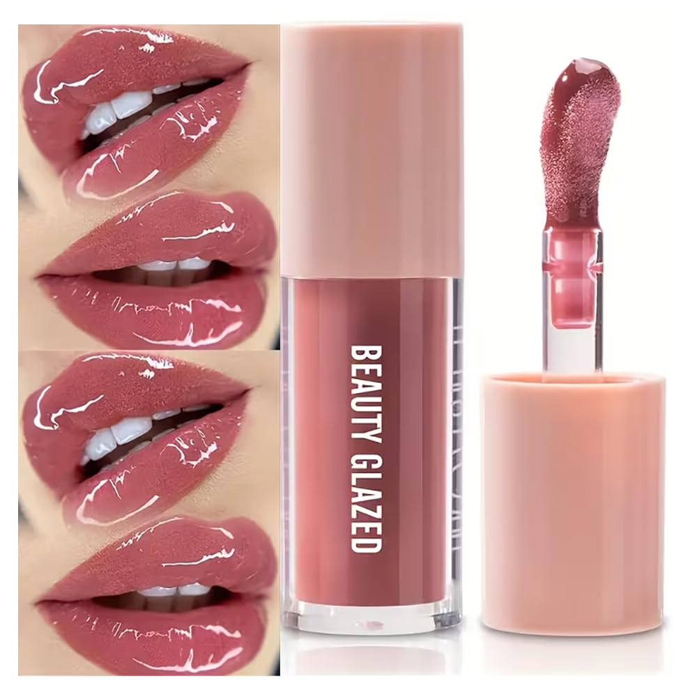 Beauty Glazed Rose Nude Tint Glass Shine Lip Oil Gloss - High Pigment Hydrating Lip Serum Jelly Lip, Non-Sticky Mirror Glazed Finish, Smooths Lip Beauty and Personal Care Beauty Glazed