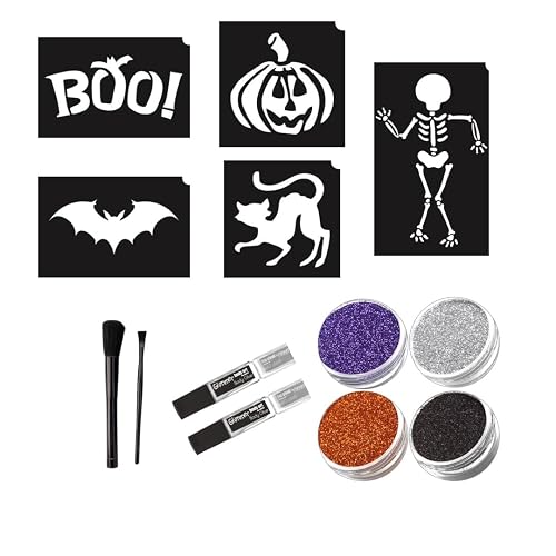 Glimmer Halloween Spooktacular Glitter Tattoo Mini Complete Kit - 25 Stencils (5 Designs, 5 Each), 2 Glues, 4 Glitter Colors, Brush Set Beauty & Personal Care Glimmer Body Art