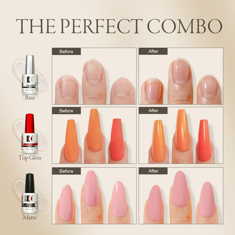 KUPA Gelfinity Base Coat & Glossy Top Coat & Matte Top Coat Trio Set, No-Wipe, Long-Lasting Soak-Off Formula, Chip-Resistant, UV/LED Gel Polish, 0.5
