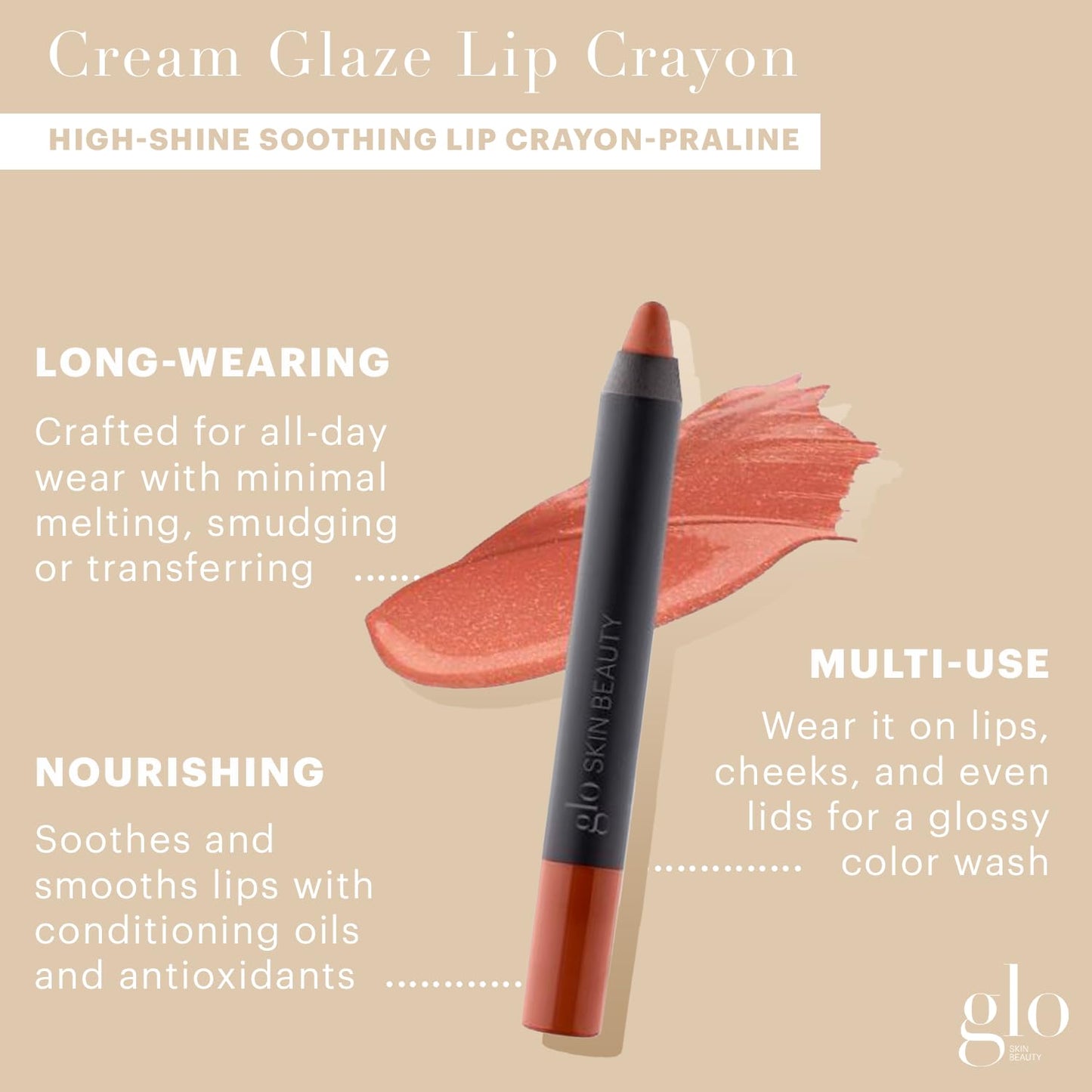 Glo Skin Beauty Cream Glaze Lip Crayon in Praline - Shimmery Toasted Brown Sugar - Glossy Crayon Lipstick, 6 Shades Beauty & Personal Care Glo Skin Beauty
