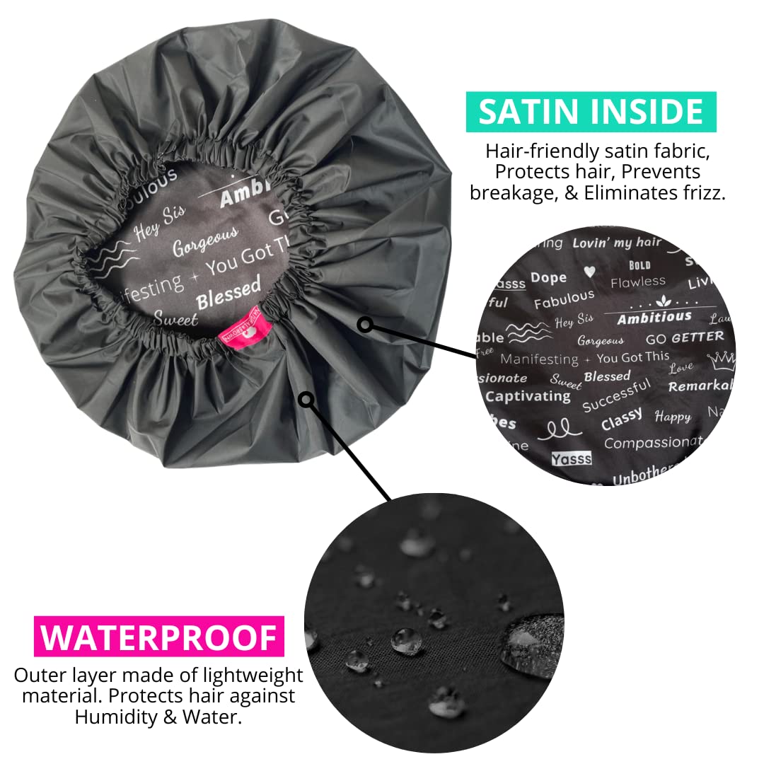 Shower Cap - Extra Large, Black, Satin lined inside, Reversible bonnet, Waterproof outer layer, Adjustable Elastic Strap, Reusable, Washable, Positive Beauty & Personal Care Natural & Brown